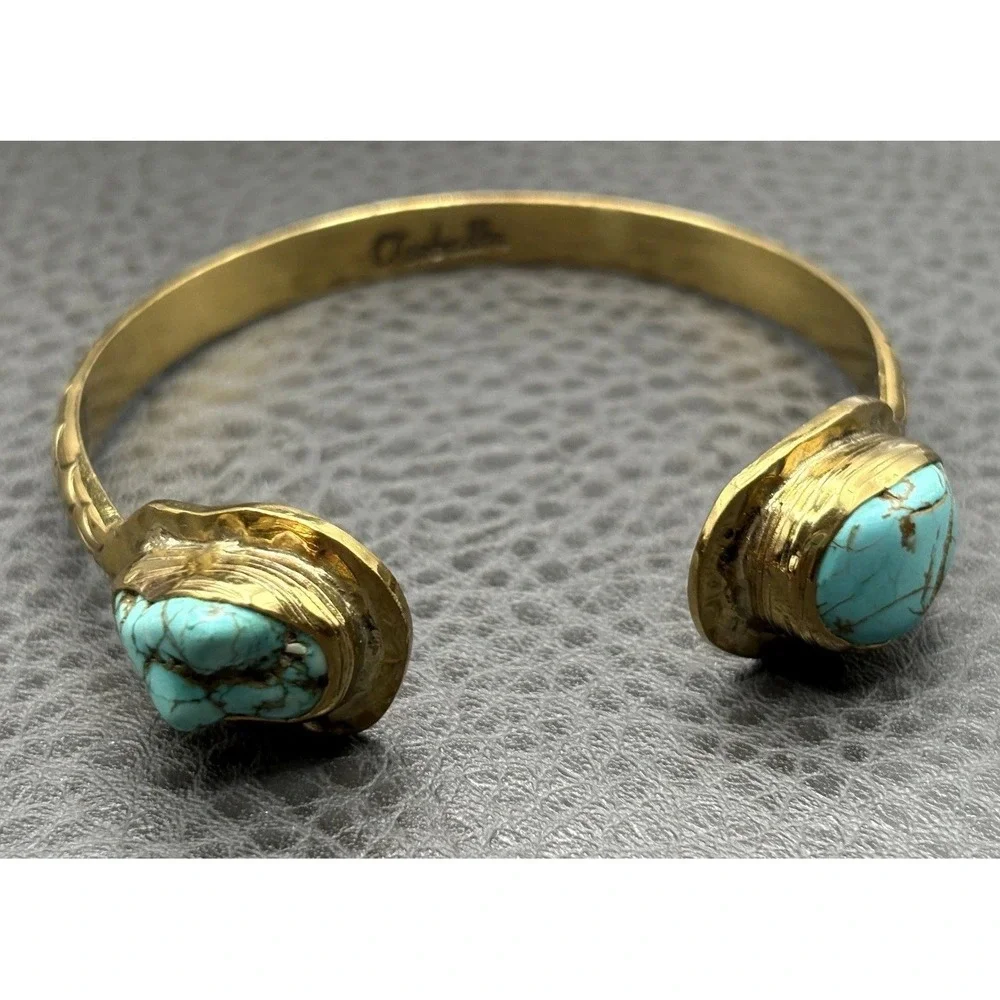 Cleobella Blue Turquoise Stone Mermaid Scale Pattern Cuff Bracelet 7.25